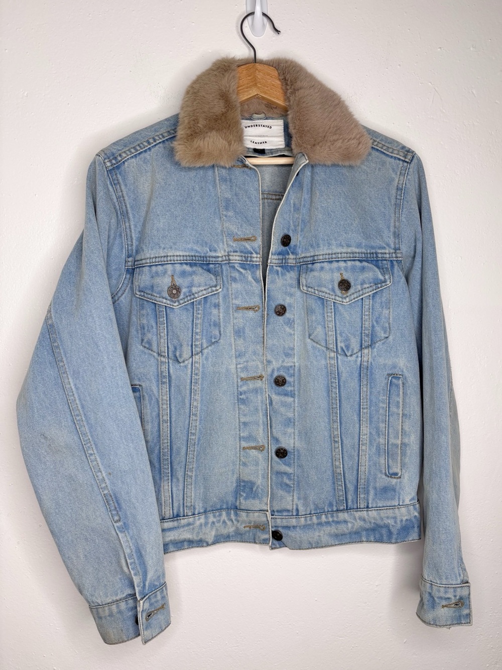 Revolve Understated Leather Lone Wolf Faux Fur Collar Denim Jacket Size Small